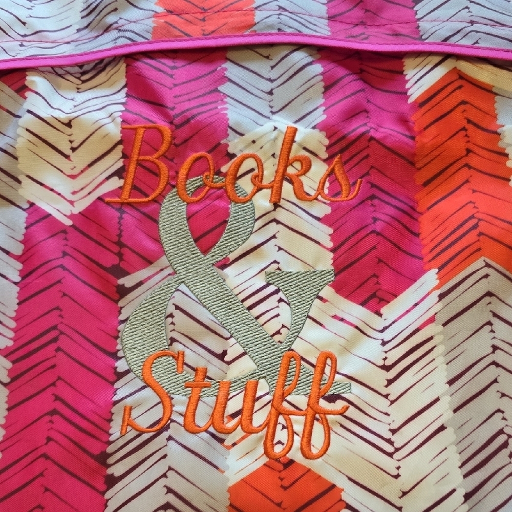 Thirty-One "Books & Stuff Pink and Orange Chevron String Bag - Picture 2 of 13